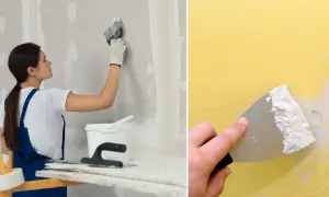 En person spacklar skarvar på en vägg. En annan bild visar en hand som spacklar en gul vägg.