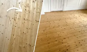Före och efter-bild på ett trägolv som fått ny lack. Det gamla golvet var matt och slitet, men efter slipning och lackning är det nu blankt och vackert.