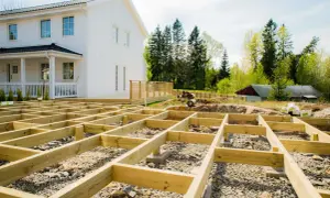 Grundarbete för att bygga altan på mark. Träkonstruktionen är på plats framför ett vitt hus.