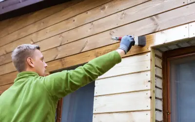 Man målar panel utomhus med en pensel. Träet är ljust och fräscht.
