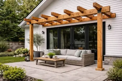 En vacker uteplats med en nybyggd pergola, soffgrupp och kaffebord. Perfekt för att njuta av sommaren.