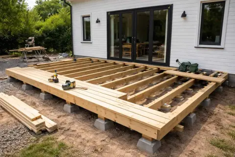 Grundarbete för att bygga trall. Träbjälkar ligger på betongplintar framför ett vitt hus med stora glasdörrar. Verktyg och virke ligger utspritt.
