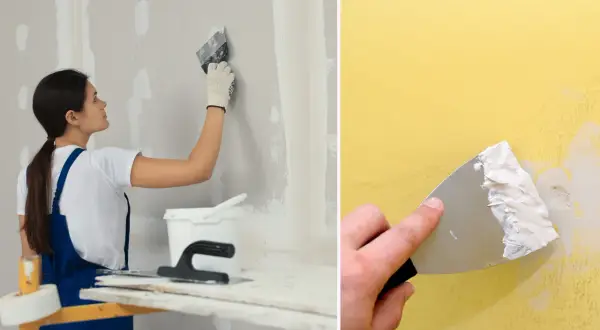 En person spacklar skarvar på en vägg. En annan bild visar en hand som spacklar en gul vägg.