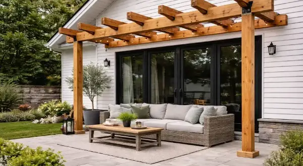 En vacker uteplats med en nybyggd pergola, soffgrupp och kaffebord. Perfekt för att njuta av sommaren.