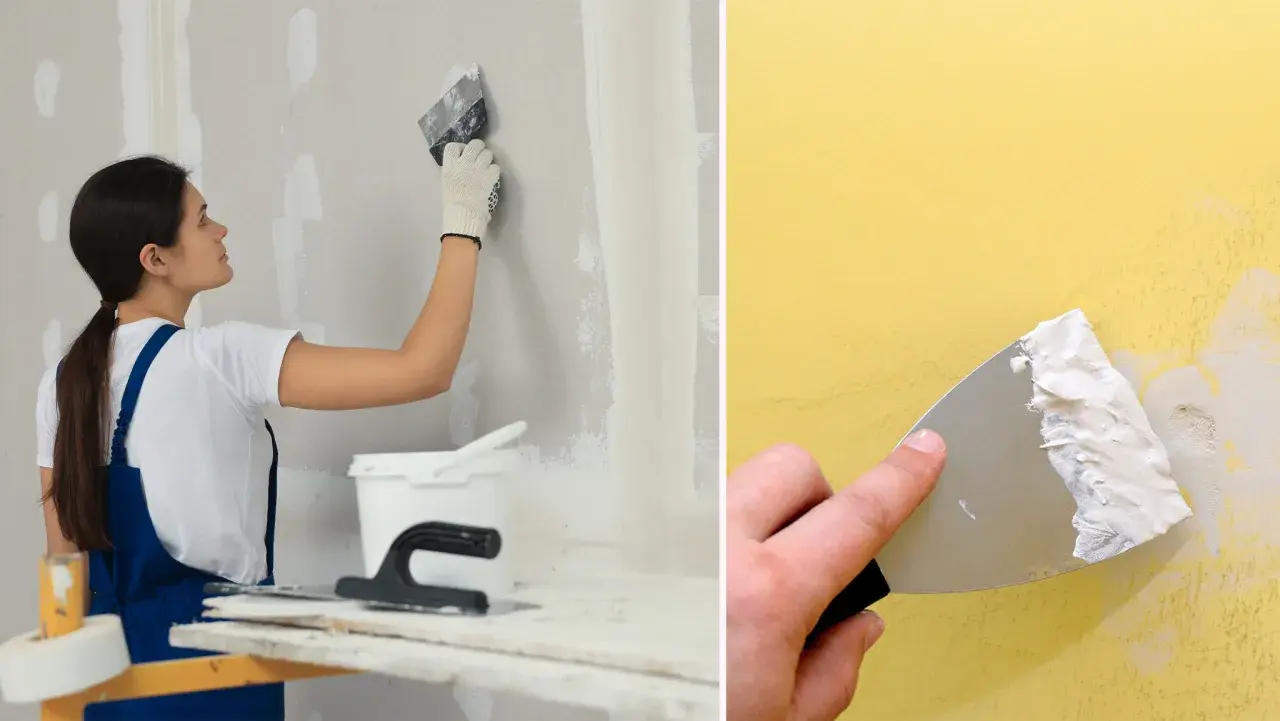 En person spacklar skarvar på en vägg. En annan bild visar en hand som spacklar en gul vägg.