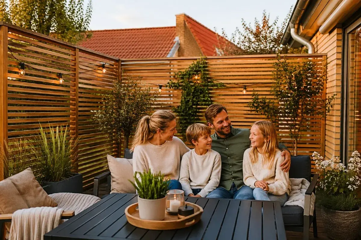 Familj njuter av kvällen på altanen, omgiven av ett vackert insynsskydd i trä.