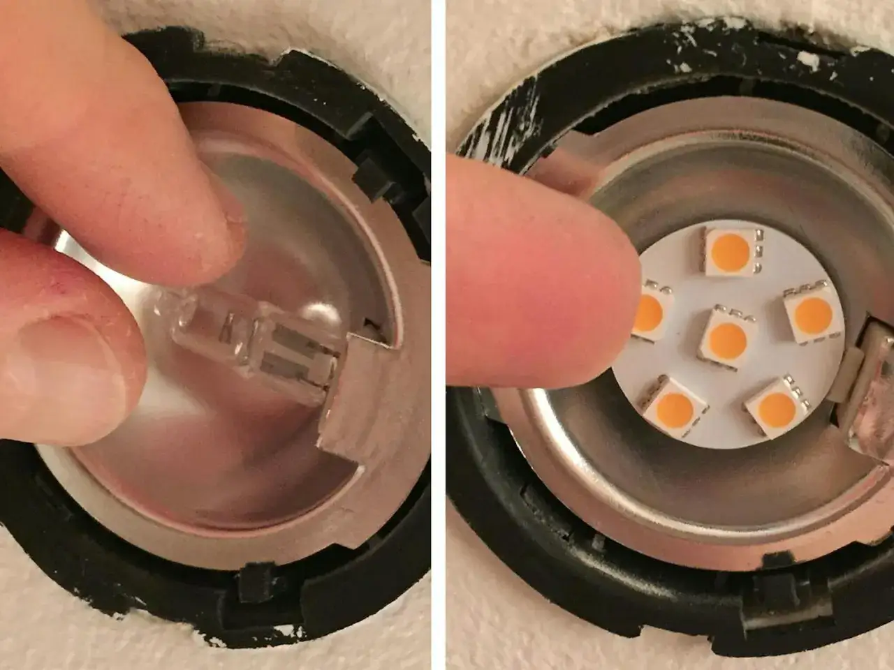 Byta halogen till led: en hand håller en halogenlampa i en armatur, bredvid en annan armatur med en ny led-modul.
