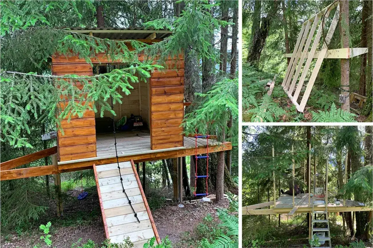 Bygga stege till ett trädkoja i skogen. Trädkojan är av trä och har en repstege och en ramp.