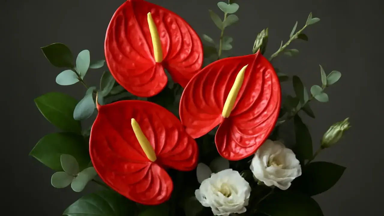 Tre r&ouml;da anthuriumblommor, som liknar en flamingo, med gula pistiller, omgivna av gr&ouml;na blad och vita blommor.