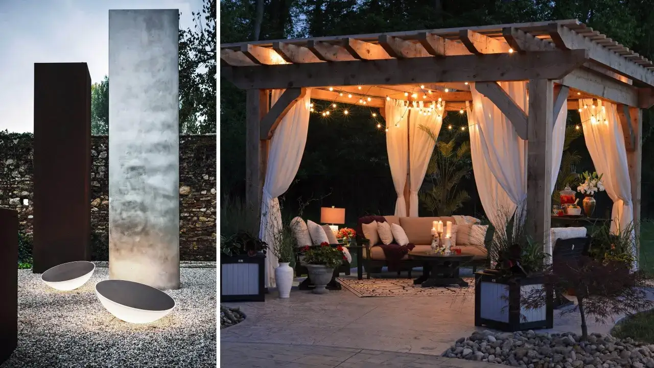 Mysig altan inspiration med pergola, ljusslingor, soffgrupp och moderna utomhuslampor.
