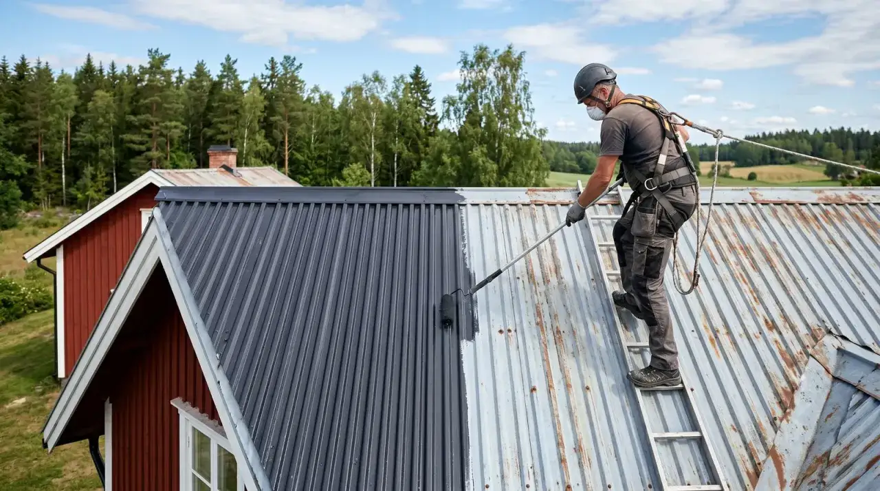 Man målar ett plåttak i grått. Halva taket är redan målat, andra halvan är rostig.