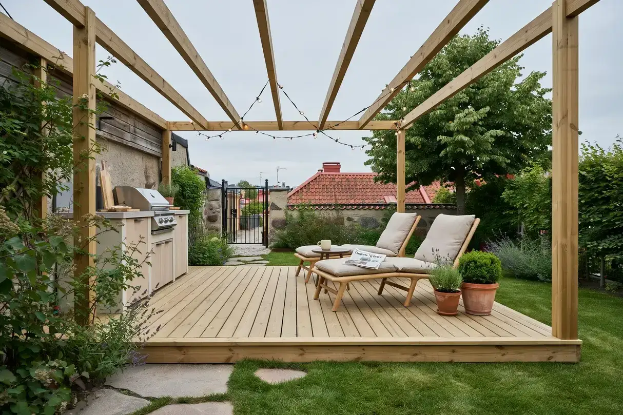 En träaltan med grill och solstolar under en pergola. Perfekt utedusch inspiration för en sommaroas.