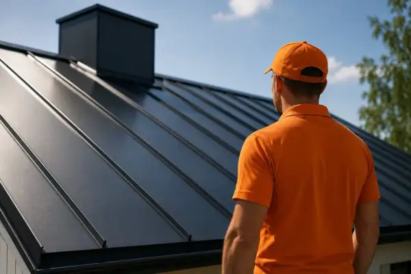 Man i orange tröja inspekterar ett nytt, mörkt plåttak. Dags att måla plåttak för att skydda det.